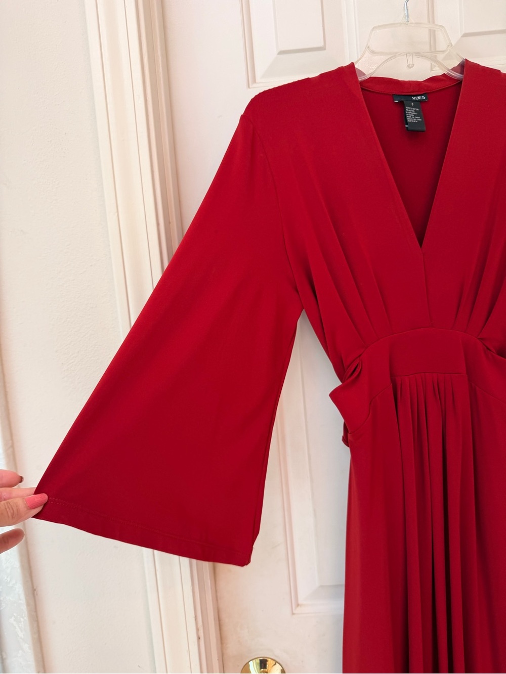 Mixit Red V-Neck Midi Flared Soft Knit Dress with Wrap Tie Belt, Sz 6 - Picture 6 of 14